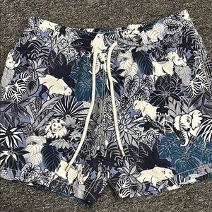 Navy Jungle Print Men's Swim Trunks